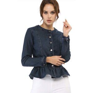✌️ 2/$40 ✌️ Collarless Button Down Cropped Ruffled Hem Jean Jacket sz M